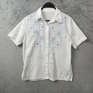 Cottagecore‎ Embroidered Floral Short Sleeve Boxy Button Shirt Medium Prairie